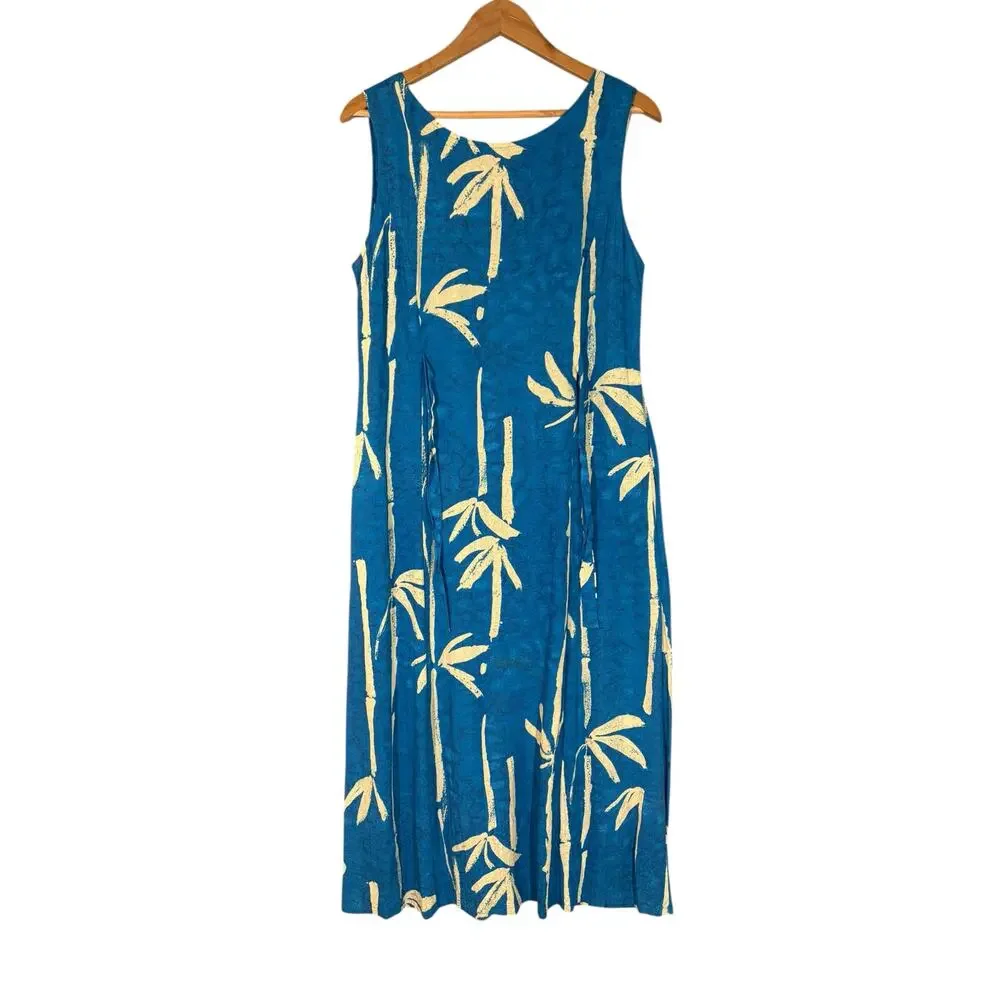 Vintage 80's Jams World Tropical Bamboo Print Maxi Dress M Resort Beach Hawaiian - Picture 6 of 13